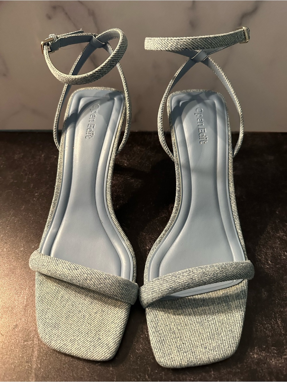 Open Edit Light Blue Denim Ankle-Strap Square-Toe Heels